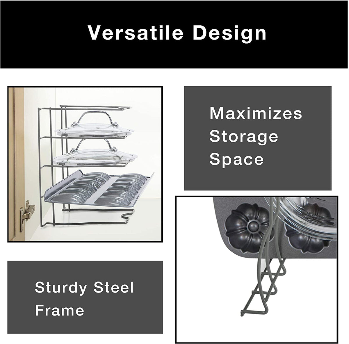 Bakeware and Lid Storage Rack with 4-Compartment Dividers